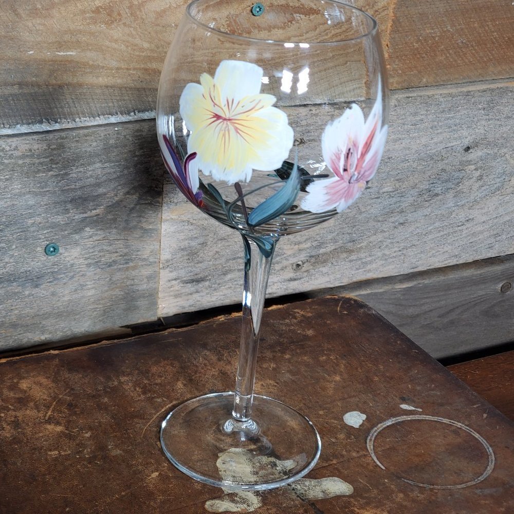 Hand Painted Red Wine Glass - Pink & White Lilies